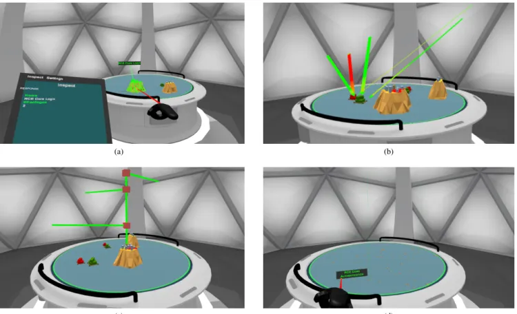 Figure 18. Exploring the software system RCE in VR: (a) Bundle selection; (b) Bundle dependencies; (c) Service dependencies; and, (d) Service dependency exploration.