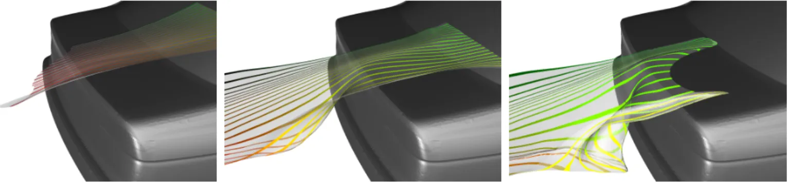 Fig. 6. Three frames from an animation showing the evolution of a generalized streak surface in the Car dataset
