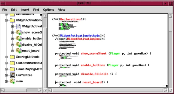 Figure 2.1: The Jaba LP editing environment. The left window displays a tree view of the literate program (in woven scope)