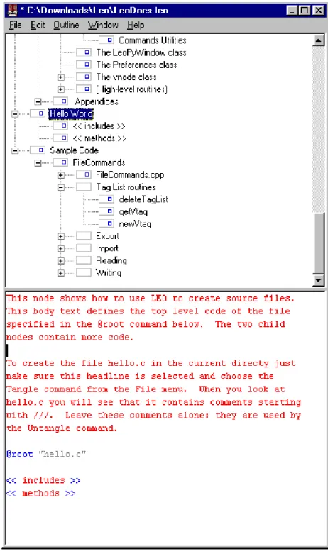 Figure 2.2: The Leo LP editing environment. The upper window displays the outline view