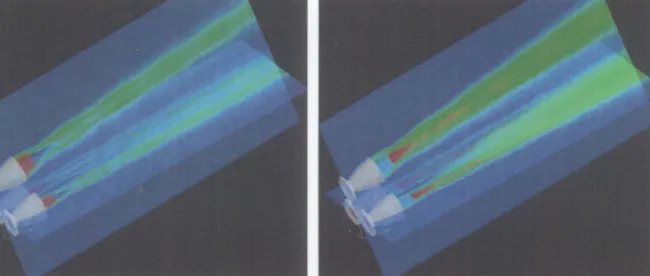 Figure 8: Three-SSME Cluster Plume Simulation at 100% Power Lift-off Gimbal Settings;