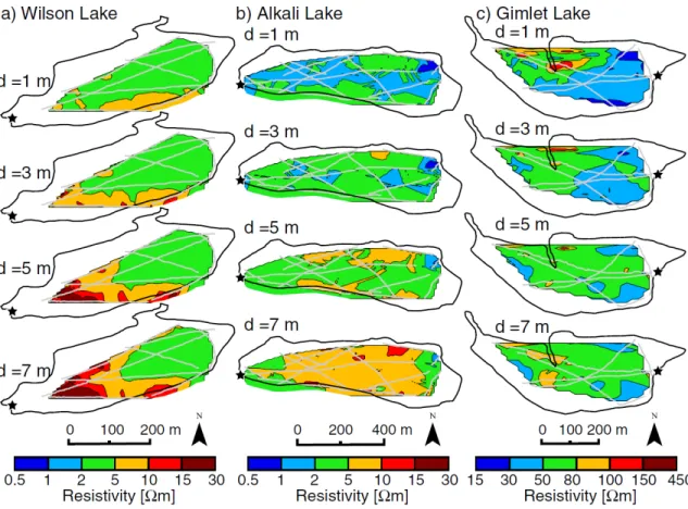 Figure 2.7.   ER depth sections for a) Wilson Lake, b) Alkali Lake, and c) Gimlet Lake  taken at depths of 1 m, 3 m, 5 m, and 7 m below the air-water interface