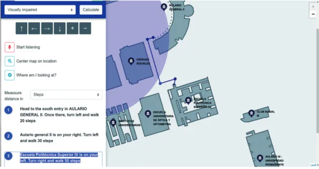 Figure 8. Image showing the navigation mode with a simulated route for a user with visual disabilities