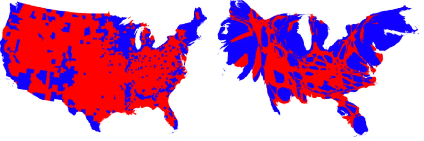 Figure 2: Choropleth map (left) showing the 2008 US election results compared to a  contiguous cartogram (right) presenting the same data (Gastner, et al., 2005)