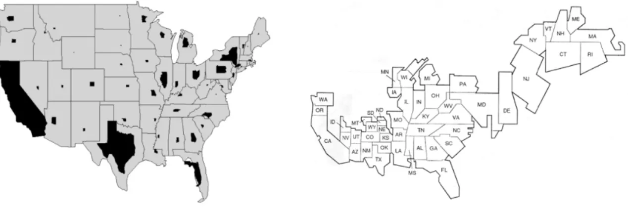 Figure 3: Two examples of non-contiguous cartograms showing differential weightings for  each polygon area (Keim, et al., 2005)