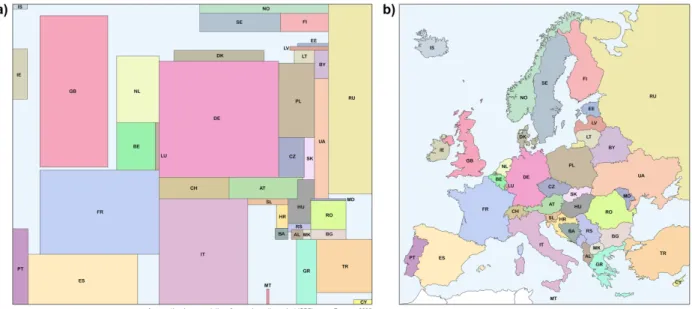 Figure 5: A rectangular cartogram (a) showing false topological relationships between  Netherlands (NL) and Luxembourg (LU), when in reality these countries do not border  each other