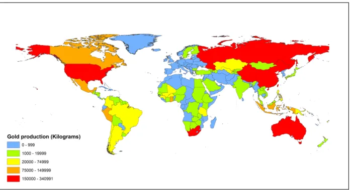Figure 7: Choropleth map showing state gold production (2010). 