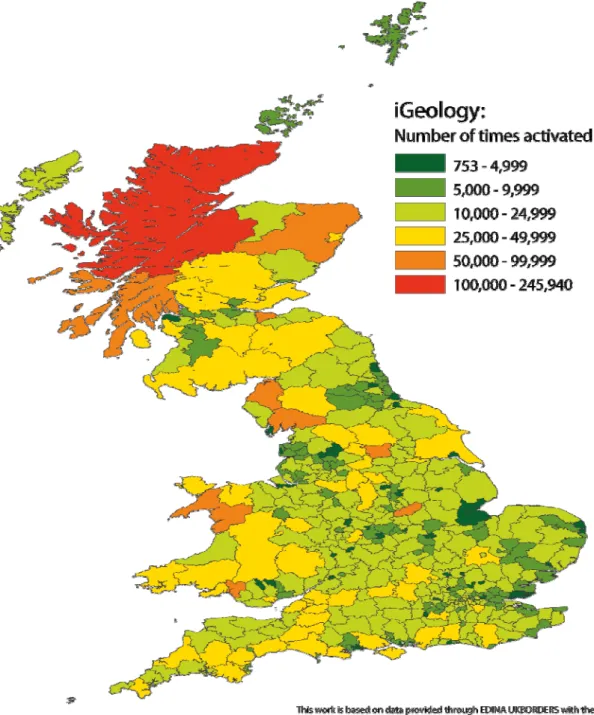 Figure 9: Choropleth map showing iGeology app activation throughout Great Britain  between September 2010 – November 2011