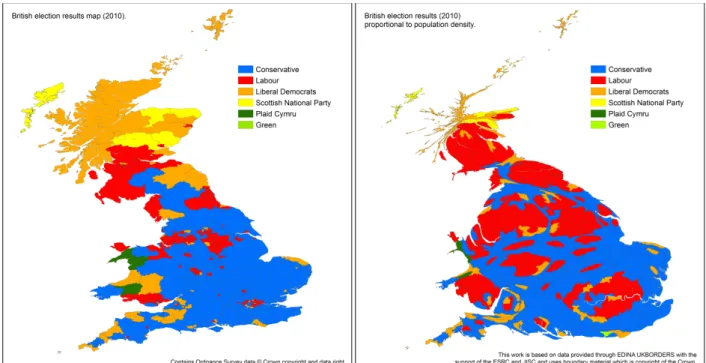 Figure 1: The 2010 general election results. The choropleth map (left) illustrates a clear  visual bias in favour of blue, but once the population density equalizing algorithm is  applied to each region it becomes clear how the elections in 2010 resulted i