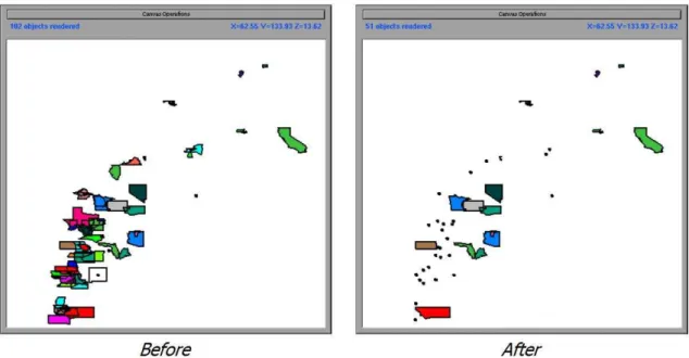 Figure 2.1: Visualizations of housing cost (x axis) and income (y axis) of states in the United States before and after semantic zooming according to information density