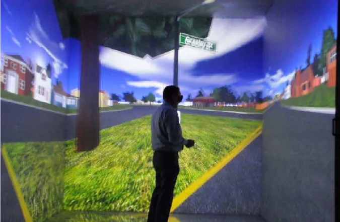 Figure 3.8 Dr. Les Miller inside the C6 immersive virtual environment. Five of the six projection walls of the  environment are visible