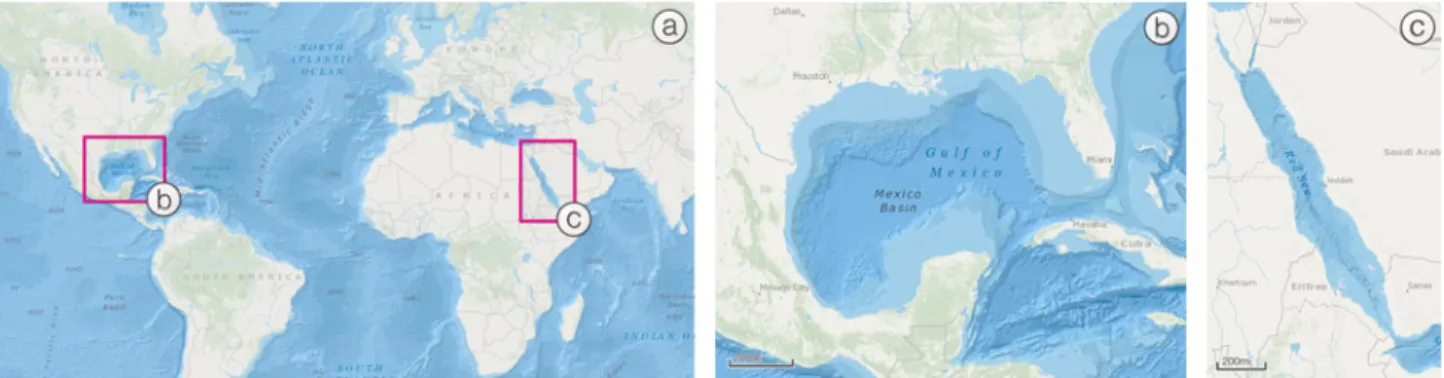 Fig. 1. Maps of the Areas of Interest. The Gulf of Mexico area is shown in (b). The simulation area for the Red Sea data set extends beyond the area illustrated in (c)