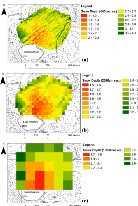 Figure 8. Rescaled maps of snow depth (in m) at different cell sizes.(a) 640 cm, (b) 2560 cm, (c) 10 240 cm