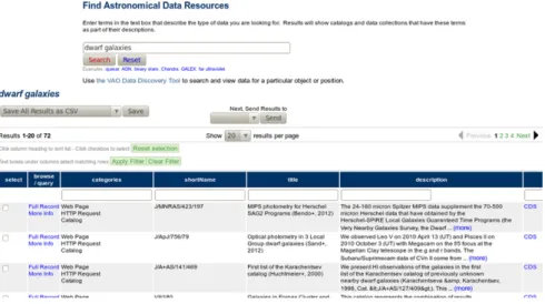 Fig. 6. Results from a search query submitted through the VAO Directory Service. The directory service results allow one to browse the descriptions, filter results, download matching descriptions in VOTable format, and when the resource is a standard data 