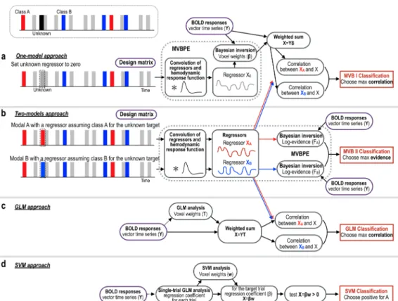 Fig 3. Illustration of the one-model and two-models MVB approaches. (a) To classify an unknown stimulus, the one-model method builds a MVB model with a regressor of known stimuli by ignoring the unknown targets