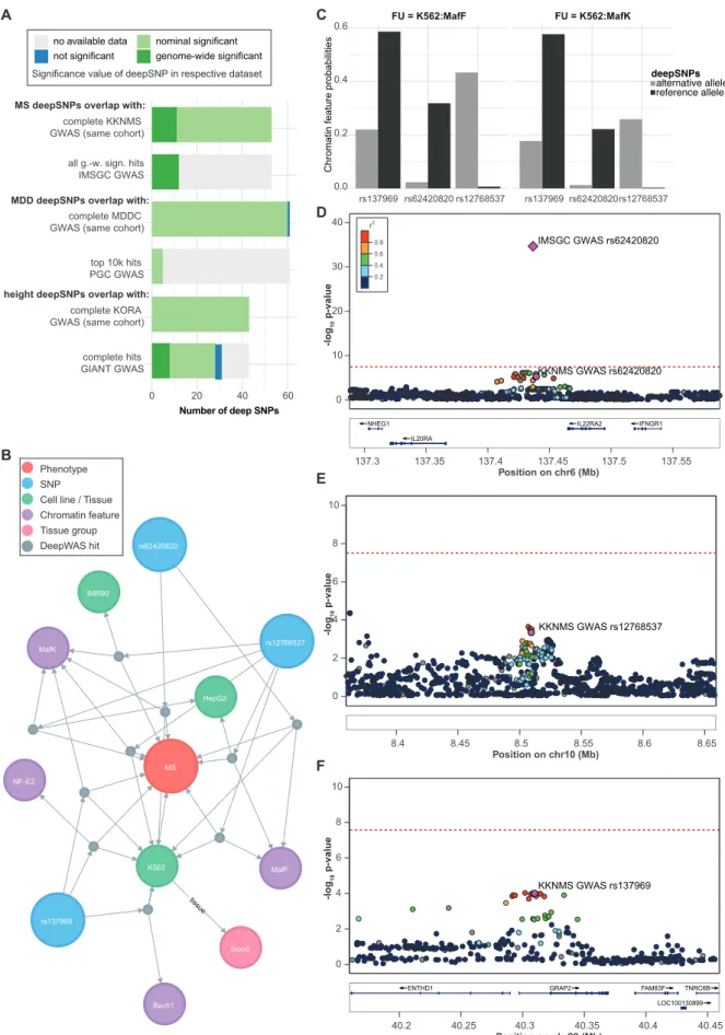 Figure 3: Comparison of DeepWAS vs. GWAS results. A) Bar plot of the overlap of cohort- cohort-matched GWAS and consortia GWAS SNPs with deepSNPs