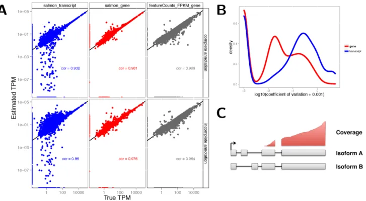 Figure 1 (sim2). A: Accuracy of gene- and transcript-level TPM estimates from Salmon and scaled FPKM estimates derived from simple  counts from featureCounts, in one of the simulated samples (sampleA1)