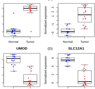 Figure 1.3: ccRCC data example: normalized expressions levels of CA9 (Panel A), SLC6A3 (Panel B), UMOD (Panel C) and SLC12A1 (Panel D) from FFPE samples.