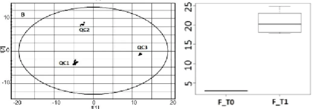 Figure 2.7: Left plot shows an scoreplot of QC samples analysed using an LC/MS instrument