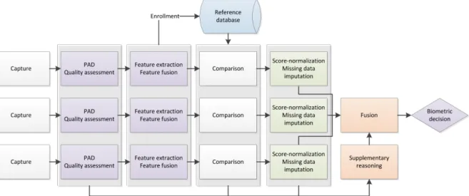 Figure 1.1: typical work-flow of a multi-biometric system. The four research question groups are in different colors, the pre-fusion processes in green, the fusion optimization in orange, the reference database in blue, and the miscellaneous multi-biometri
