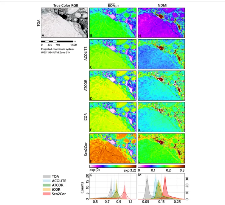 FIGURE 8 | True color RGB image (A); band 2–7 average of TOA (B) and BOA (C–F); NDMI results for TOA (H) and BOA (I–L); and histograms of the respective parameters for the image subset (G,M).