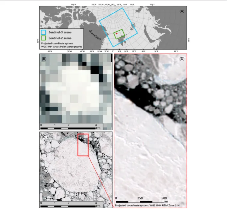 FIGURE 1 | Comparison of Sentinel-2A (S-2A) and−3A (S-3A) spatial coverage and resolution [contains modified Copernicus Sentinel data (2017) processed by ESA/EOM]