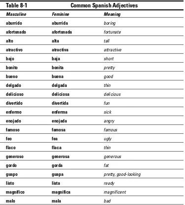 Table 8-1Common Spanish Adjectives