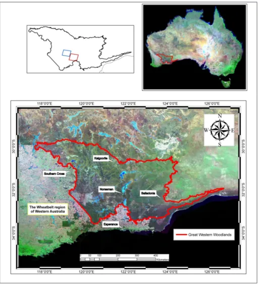 Figure 1 - Location of the Great Western Woodlands (GWW) in Australia. A figure at  the right upper corner displays the locations of two main ASTER scenes for this study: 
