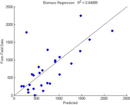 Figure 3.5: Biomass prediction results using the most prevalent model from 500 bootstrap runs shown in Equation 3.3.