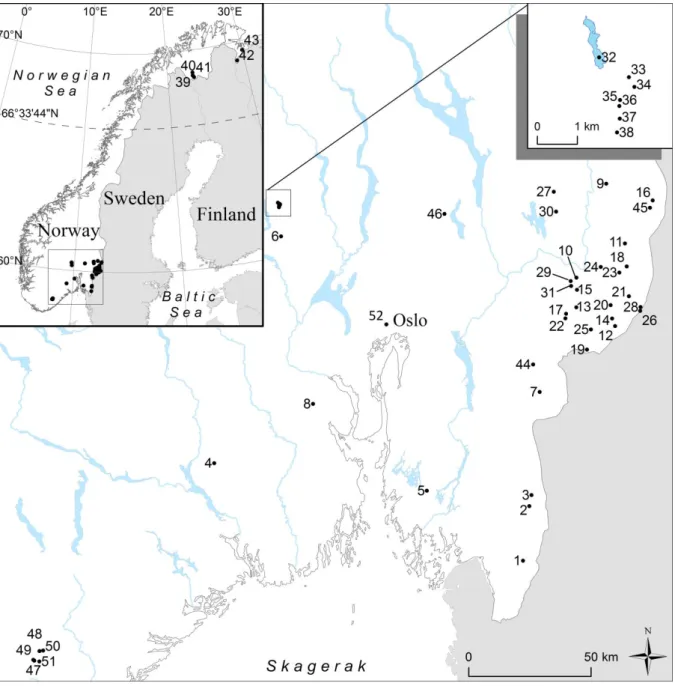 Figure  1  Geographical  location  of  the  52  lakes  included  in  the  present  study