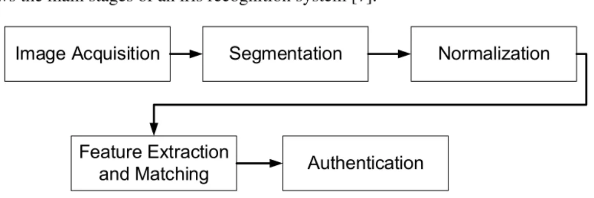 Figure 2.4: Block diagram showing the main stages in an iris recognition system.