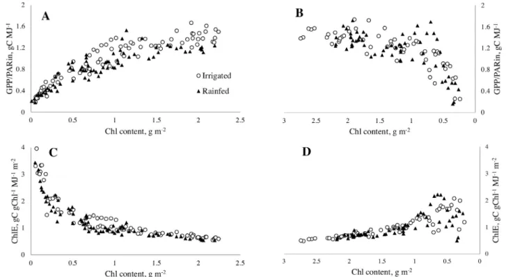 Fig. 6. Temporal behavior of canopy chlorophyll (Chl) content (A, B) and chlorophyll efficiency, ChlE (C, D) in rainfed and irrigated soybean in 2002  (dry year) and 2006 (moderate weather conditions)