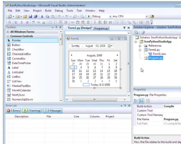 Figure 1.5 Using the Windows Forms designer with IronPython Studio running in Visual Studio 2008