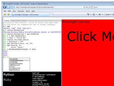 Figure 1.6 The Silverlight DLRConsole sample with a Python and Ruby Console