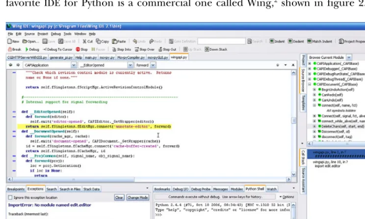 Figure 2.1  Wing IDE, with its built-in project browser and interactive interpreter, is a great IDE for Python.