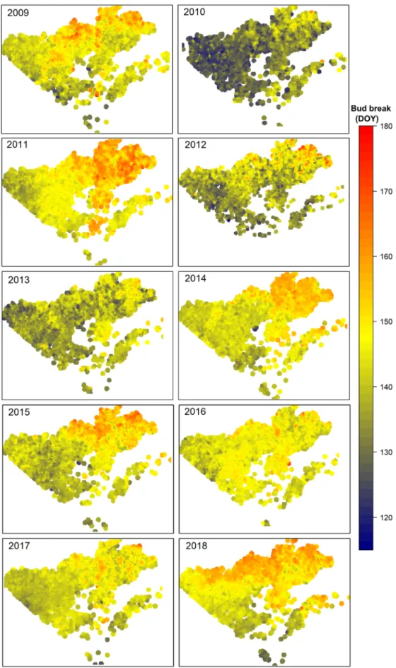 Figure 6. Hotspot analysis of bud break (phase B1) dates (DOY) across boreal black spruce stands in  the study area in Quebec, Canada