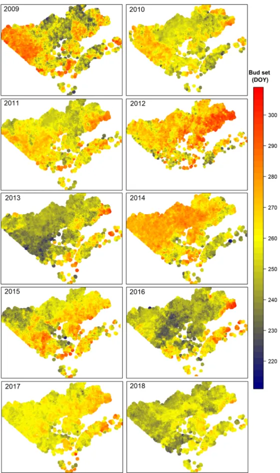 Figure 7. Hotspot analysis of bud set (phase S5) dates (DOY) across boreal black spruce stands in the  study area in Quebec, Canada