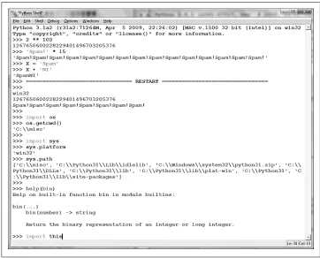 Figure 3-3 shows the scene after starting IDLE on Windows. The Python shell windowthat opens initially is the main window, which runs an interactive session (notice the>>> prompt)