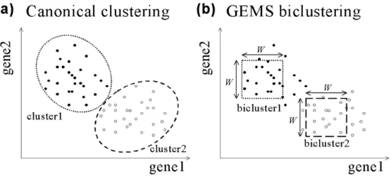 Figure 1. Examples of the shape of clusters or biclusters. (a) Algorithms based on similarity in overall gene expression produce ellipsoid or arbitrary shape clusters.