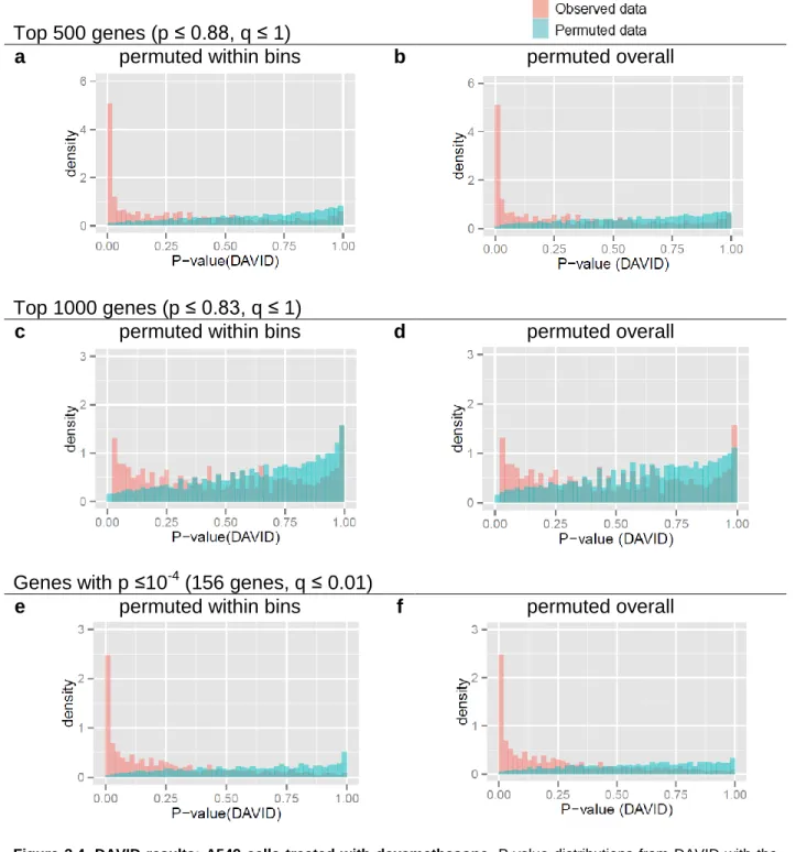 Figure  3.4.  DAVID  results:  A549  cells  treated with  dexamethasone.  P-value  distributions  from  DAVID with  the  A549  cells  dataset