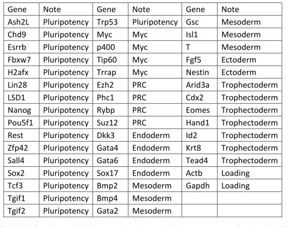 Table 3.2 Gene list used in signature based screen. Primer sequences are in Appendix Table E