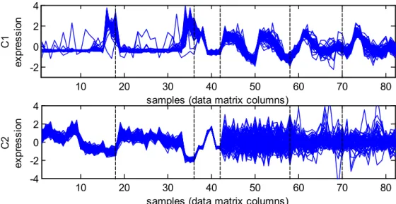 Figure 4.2. Synthetic data ground truth clusters C1 and C2 combined expression profiles  from all of the six datasets 