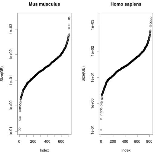 Figure 3: Logarithmically scaled sized of all publicly available RNA-Seq experiments for Homo sapiens and Mus musculus