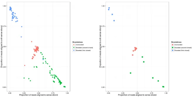 Figure 4: Proportions of reads aligned to sense and anti-sense strands for all individual 266 samples (left) and for all samples averaged by grouping into 23 experiments (right) with known true library strandedness types