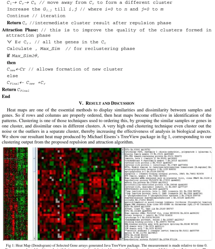 Fig 1: Heat Map (Dendogram) of Selected Gene arrays generated Java TreeView package. The measurement is made relative to time 0