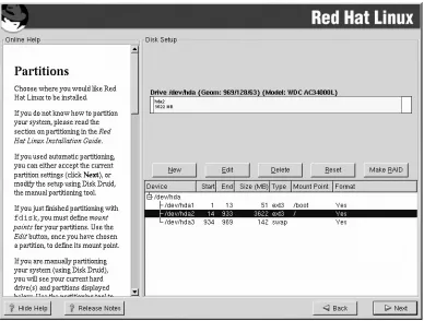 Figure 2.3: The Disk Druid Partitioning screenIf the system previously had Red Hat installed, the existing partitions will show up in the Partitionsarea