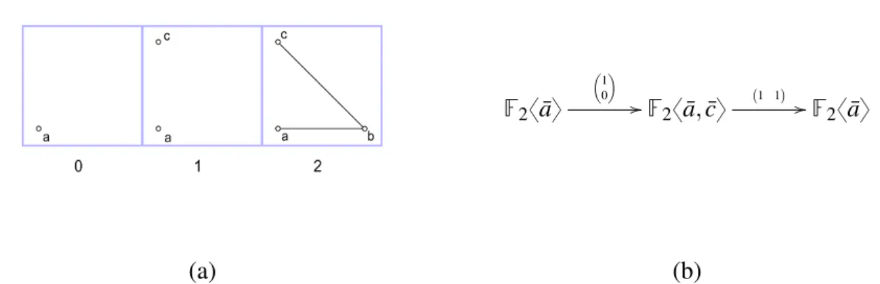 Figure 1.6: In picture (a), we see the two-parameter filtration obtained by considering the one-parameter filtrations in Figure 1.5 together
