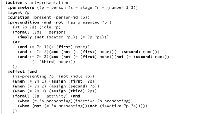 Figure 6.3.: The action start-presentation. The action start-presentation comprises a mechanism for tracking the order of the agendas, which are defined by the different goals.