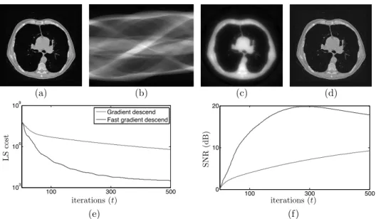 Figure 2.2: Least-squares reconstruction of a 256 × 256 Lung image from 256 Radon measurements: (a) original; (b) measurements; (c) gradient-descent solution at t = 200;