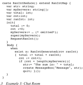 Figure 9 Chat Room GUI  caste Chatter(name: string) extend Peer {    observe all x in Chatter; 